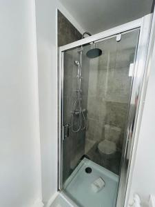een douche in een badkamer met een glazen douchecabine bij La Suite Victor Hugo - Centre-ville - Taittinger in Reims