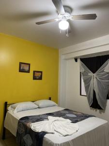 1 dormitorio con 1 cama y ventilador de techo en Hotel Quinta Avenida, en San José