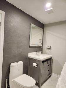 a bathroom with a toilet and a sink and a mirror at Stylish Retreat in North Oshawa in Oshawa