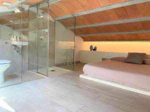 a bedroom with a bed and a glass shower at POAL-Dúplex de ensueño en Cadaqués in Cadaqués
