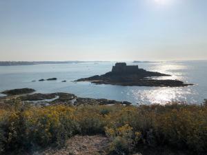 eine Insel im Wasser mit einem Schloss darauf in der Unterkunft Le Loft du Homard Bleu à Saint-Malo Intra-Muros in Saint-Malo
