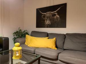 a living room with a gray couch with a yellow pillow at Ferienhaus am Silbersee Leni in Frielendorf