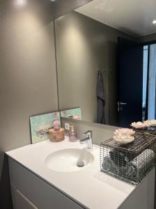 La salle de bains est pourvue d'un lavabo et d'un miroir. dans l'établissement Large house in New York style with a private rooftop terrace., à Copenhague