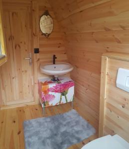 a bathroom with a sink in a wooden room at Tiny House Cuxhaven am See in Nordholz