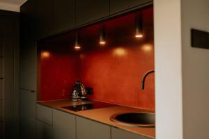 a kitchen with a sink and a red wall at Uroczy mały domek z jacuzzi in Długosiodło