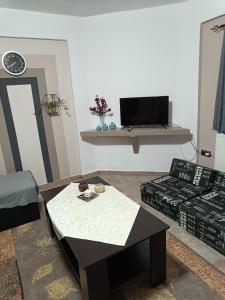 a living room with a coffee table and a tv at apartment to nature B in Ámmos