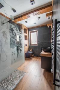 a bathroom with a shower and a sink and a toilet at Cyrhel Apartments in Zawoja