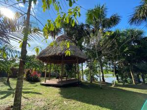 eine Hütte mit Grasdach in einem Park in der Unterkunft Casa en la selva con acceso al río - Casa Ikua in Iquitos