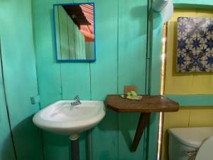 y baño con lavabo, espejo y aseo. en Casa en la selva con acceso al río - Casa Ikua, en Iquitos