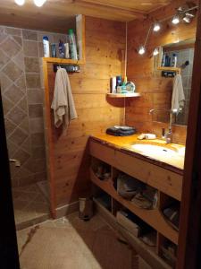 een houten badkamer met een wastafel en een douche bij La forestière 