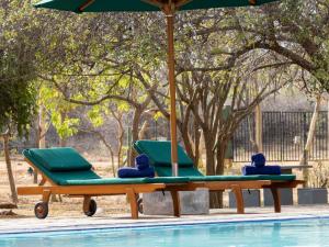 twee stoelen en een parasol naast een zwembad bij Joe's Bungalow Yala in Kirinda
