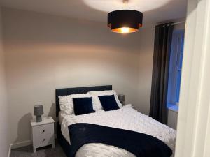 1 dormitorio con 1 cama grande con almohadas azules en Modern 2 bedroom apartment - Neath Town centre, en Neath