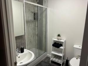 y baño con ducha, lavabo y aseo. en Modern 2 bedroom apartment - Neath Town centre, en Neath