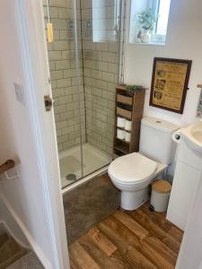 a bathroom with a toilet and a glass shower at Cosy cottage in Chard