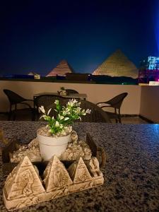 stół z rośliną w misce na stole z piramidami w obiekcie Horus pyramids view w Kairze