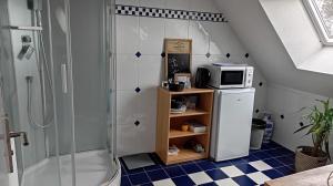 a bathroom with a shower and a refrigerator and a microwave at Au bonheur du logis in Fougères