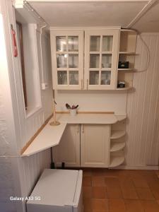 eine Küche mit weißen Schränken und einer Arbeitsplatte in der Unterkunft Tobishirdgård in Simrishamn