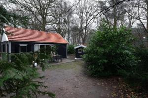 una pequeña casa con techo rojo en el bosque en Vakantiehuis De Veldhoen vrijgelegen nabij de rivier de Vecht, en Beerze