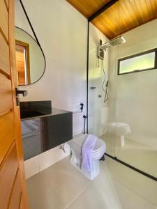 a bathroom with a toilet and a glass shower at Villa di Madeira in Divisa
