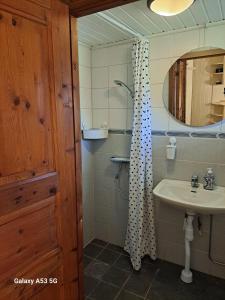a bathroom with a sink and a shower curtain at Tobishirdgård in Simrishamn