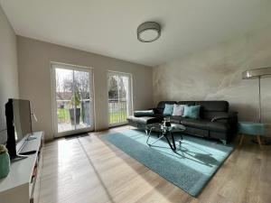 a living room with a black couch and a television at Ferienwohnung Emil auf dem Zillehof in Ballenstedt in Ballenstedt