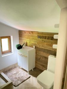 een badkamer met een wit toilet en een houten muur bij Hirsch Chalet Apuseni in Mărgău