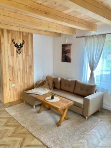 ein Wohnzimmer mit einem Sofa und einem Couchtisch in der Unterkunft Hirsch Chalet Apuseni in Mărgău