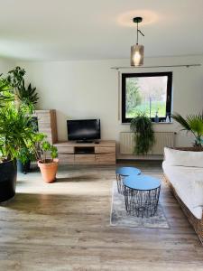 een woonkamer met een bank, tafels en potplanten bij Ferienwohnung Zur Tanne in Leipzig
