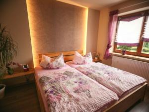 ein Schlafzimmer mit einem Bett mit Kissen und einem Fenster in der Unterkunft Holiday apartment Estel in Bärenstein