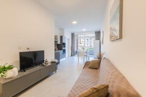 - un salon avec un canapé et une télévision dans l'établissement Spacious Brand New Apartment 3 Bdr 2 Bth Large Terrace, à San Pawl il-Baħar
