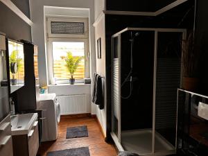 een badkamer met een douche, een toilet en een raam bij DZ Appartements - Ferienwohnung mit Klimaanlage, inkl. WLAN, Betten nach Bedarf stellbar in Wittenberge