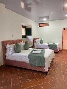 ein Hotelzimmer mit 2 Betten und grünen Kissen in der Unterkunft HOTEL BOUTIQUE SIMACOTA in Simacota