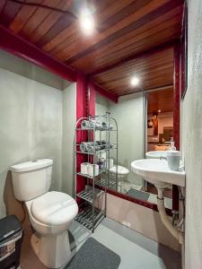 a bathroom with a toilet and a sink at Bambú Lodge San Jose Airport in Ciudad Cariari