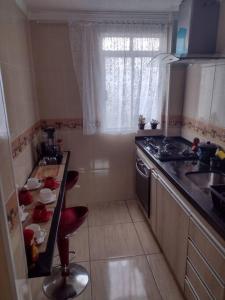 a small kitchen with a counter and a sink at Apartamento prático, simples CDHU. in Itatiba