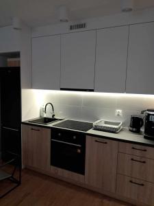 a kitchen with a sink and a stove at Apartament Julia 1-4 os parter Centrum in Kielce