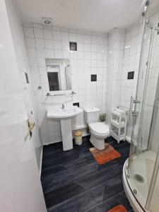 a bathroom with a toilet and a sink and a shower at Perculiar Homes in Birmingham