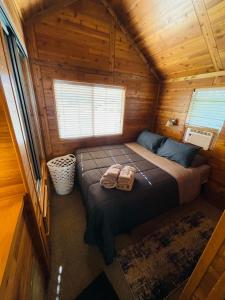 a bedroom in a log cabin with a bed in it at Cozy 1BR Cabin in Jacksonville in Jacksonville