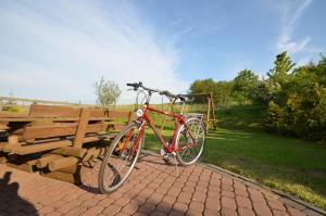een rode fiets geparkeerd naast een berg hout bij Domki Letniskowe Cessatio Rusinowo in Rusinowo