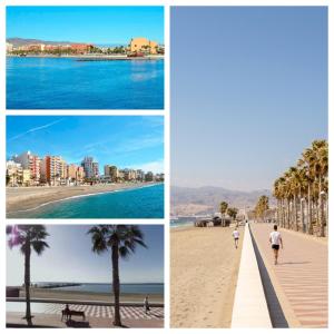 eine Collage mit Fotos von einem Strand mit Palmen in der Unterkunft Piso cerca Playa con 2 duchas y 5 Aires Acondicionados in Almería