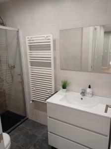a white bathroom with a sink and a shower at A orillas del Duero in Soria