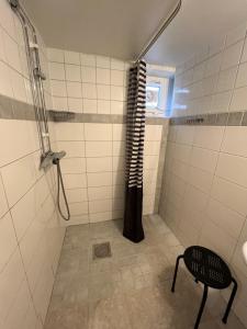 uma casa de banho com um chuveiro e uma cadeira. em Central university - centralt högskolan em Halmstad
