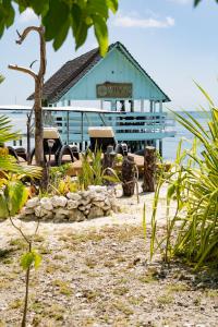 阿瓦托魯的住宿－Motu Fara Private Island，海滩上的蓝色建筑
