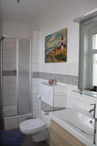 La salle de bains est pourvue de toilettes, d'une douche et d'un lavabo. dans l'établissement Ferienwohnung Silva, à Dresde