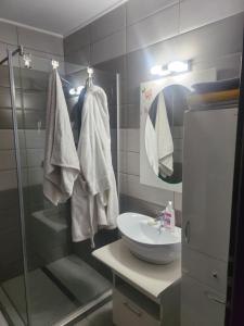 y baño con lavabo y ducha acristalada. en Apartment de Lux in regim hotelier, en Oradea