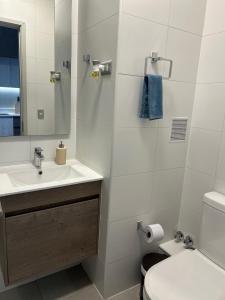 a bathroom with a sink and a toilet and a mirror at Departamento Estudio, centrico in Temuco