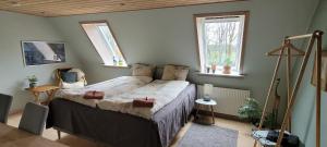 a bedroom with a bed in a room with two windows at Agnes Bed and Breakfast in Bække
