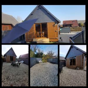 a collage of four pictures of a house at chalet 6 personnes avec piscine in Cabourg