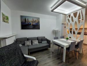 Apartament JK 47 A z miejscem postojowym w garażu في وارسو: غرفة معيشة مع أريكة وطاولة