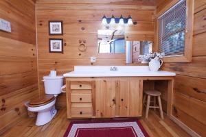 a bathroom with a toilet and a sink and a mirror at Laurel Creek | Blue Ridge in Blue Ridge +17 photos
