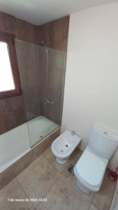 a bathroom with a toilet and a shower at Huapi II in Dina Huapi